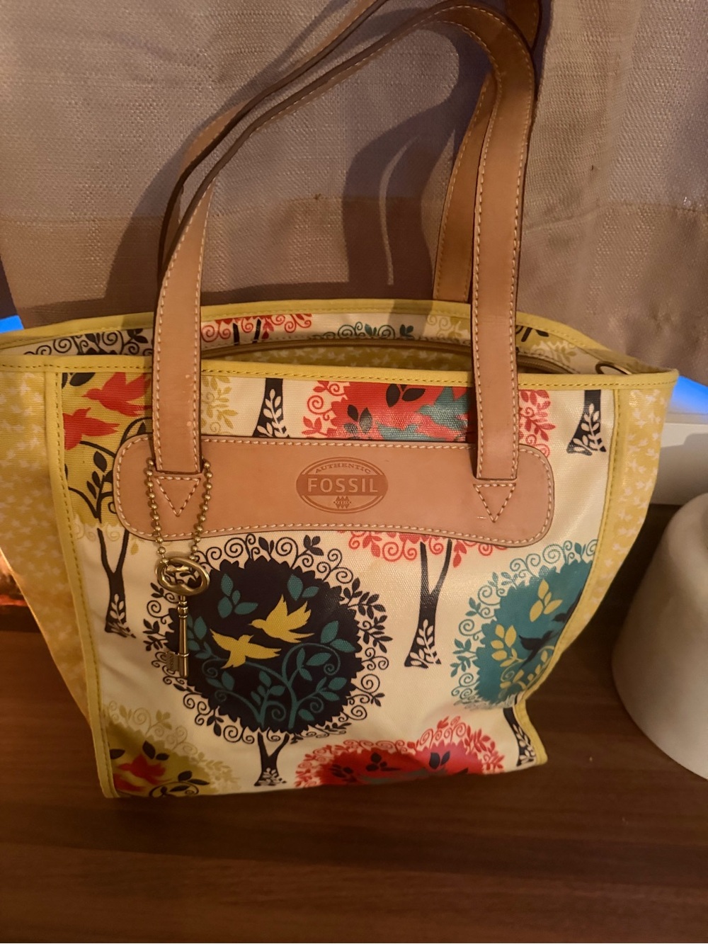 Fossil Yellow Multi Floral Tree Canvas Tote with Tan Leather Straps